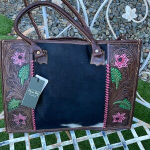 Myra tooled leather cowhide tote bag shoulder handles